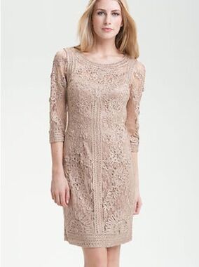 Sue Wong Nude Lace Midi Dress with Crochet Detail